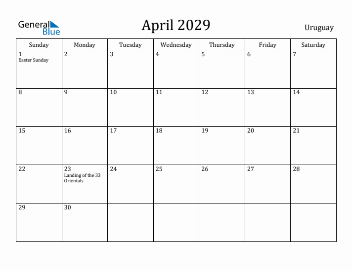 April 2029 Calendar Uruguay