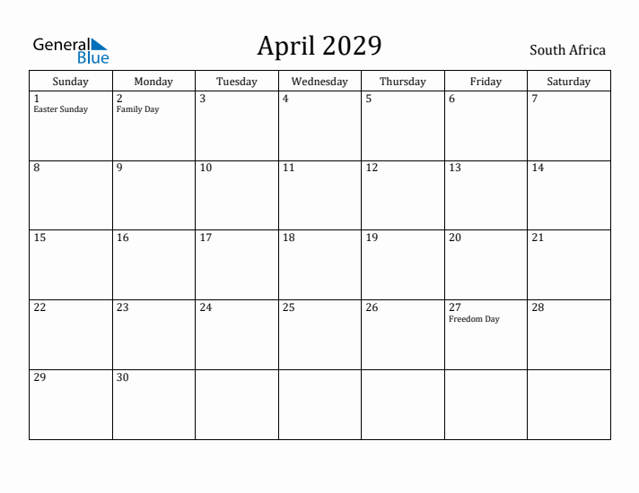 April 2029 Calendar South Africa