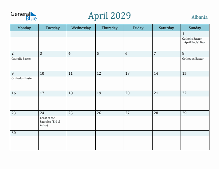 April 2029 Calendar with Holidays