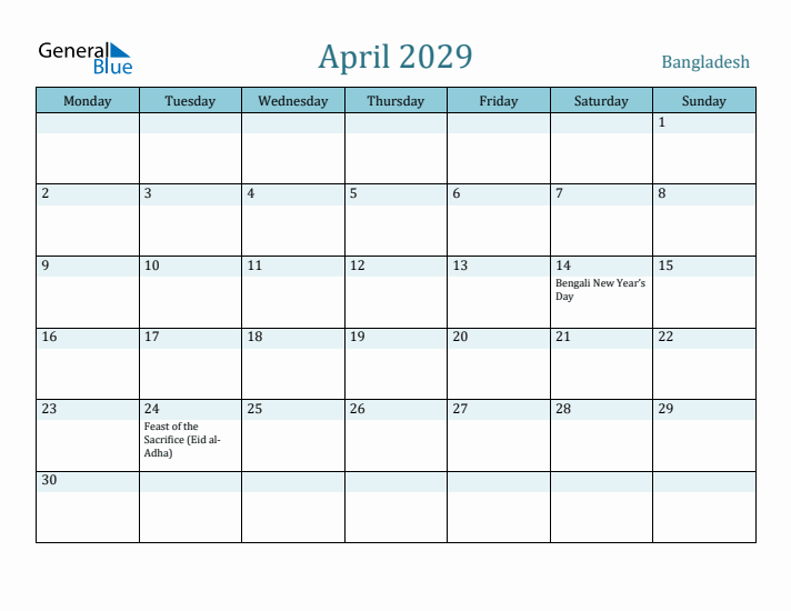 April 2029 Calendar with Holidays