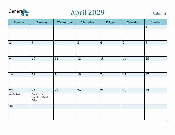 April 2029 Calendar with Holidays