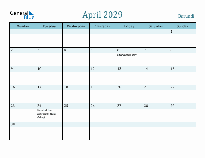 April 2029 Calendar with Holidays