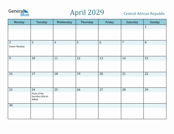 April 2029 Calendar with Holidays