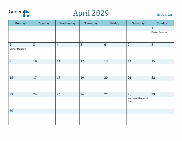 April 2029 Calendar with Holidays