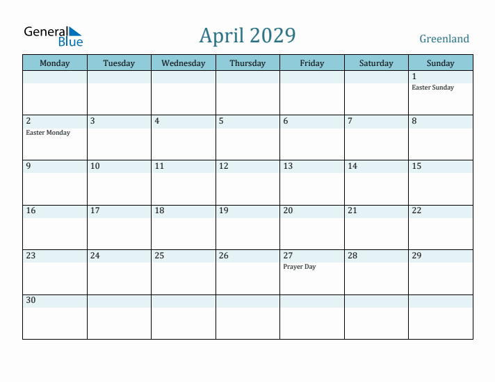 April 2029 Calendar with Holidays