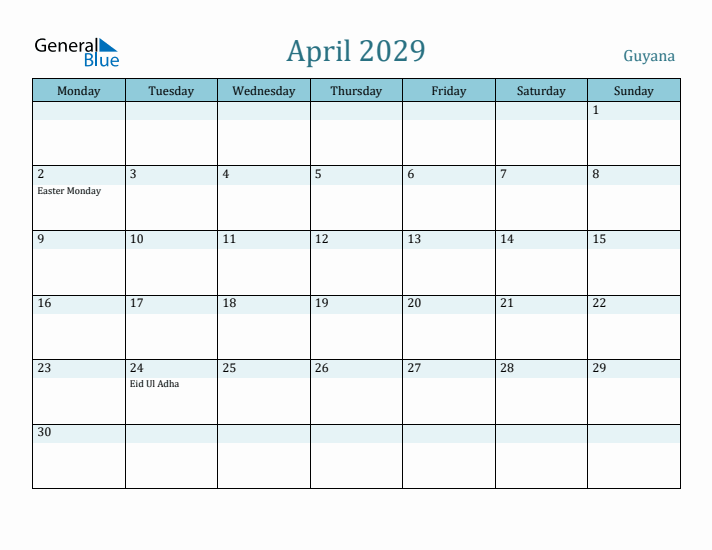 April 2029 Calendar with Holidays