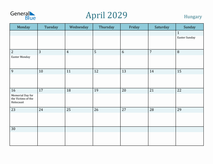 April 2029 Calendar with Holidays