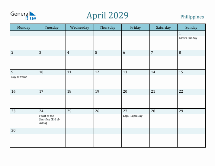 April 2029 Calendar with Holidays