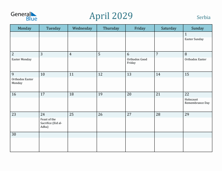 April 2029 Calendar with Holidays