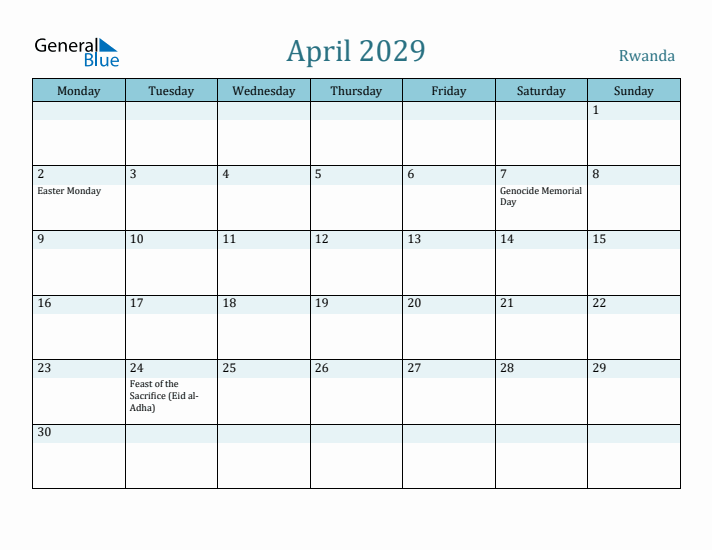 April 2029 Calendar with Holidays