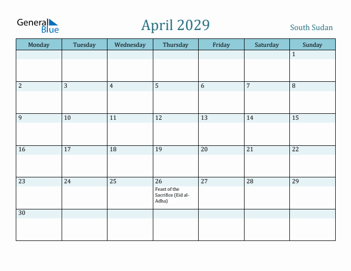 April 2029 Calendar with Holidays