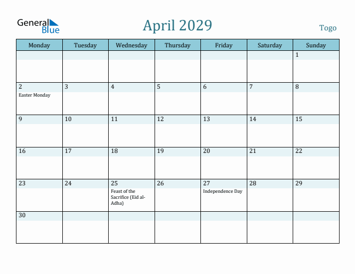 April 2029 Calendar with Holidays