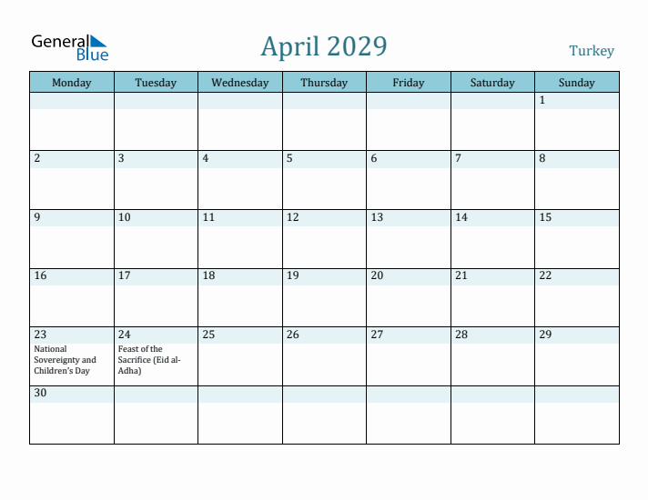 April 2029 Calendar with Holidays