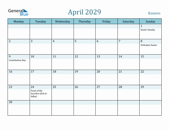 April 2029 Calendar with Holidays