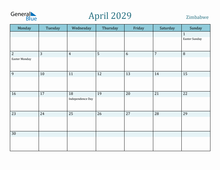 April 2029 Calendar with Holidays