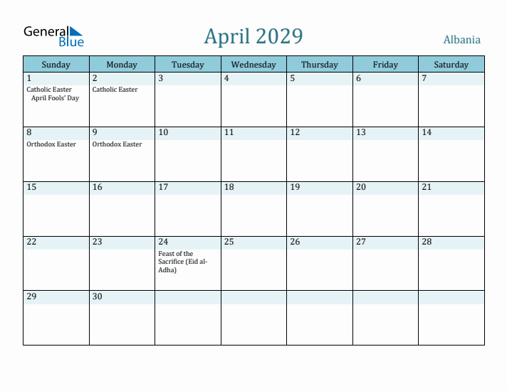 April 2029 Calendar with Holidays