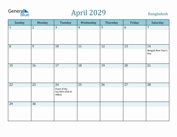 April 2029 Calendar with Holidays