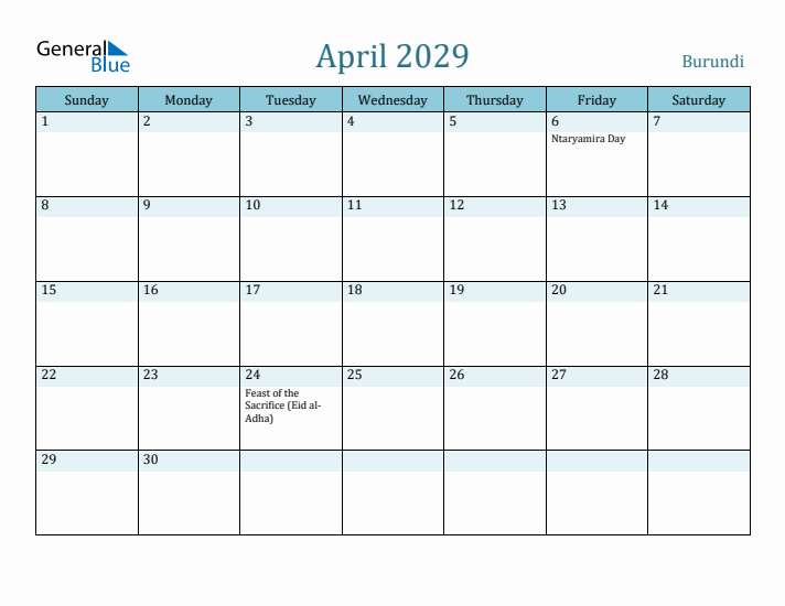 April 2029 Calendar with Holidays