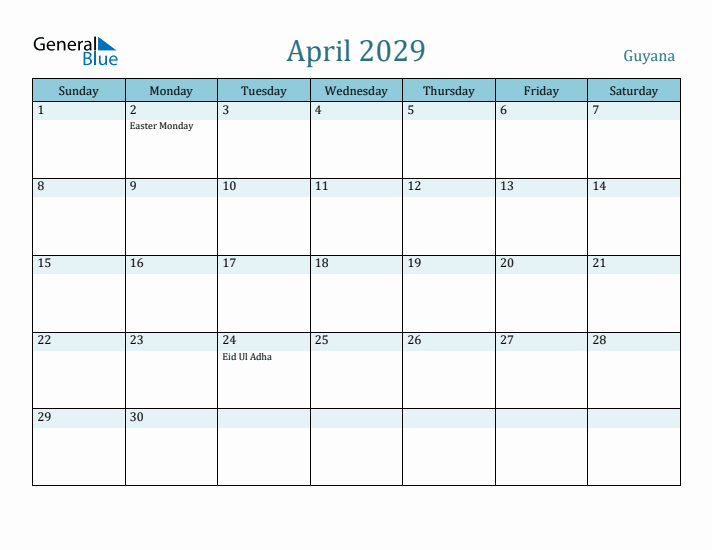 April 2029 Calendar with Holidays