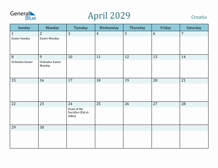 April 2029 Calendar with Holidays