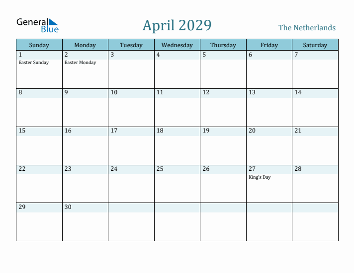 April 2029 Calendar with Holidays