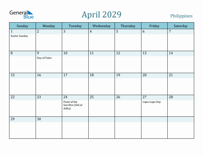 April 2029 Calendar with Holidays