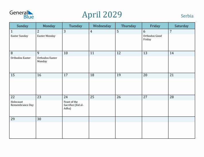 April 2029 Calendar with Holidays