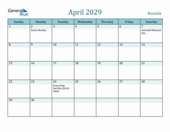 April 2029 Calendar with Holidays