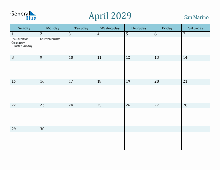 April 2029 Calendar with Holidays