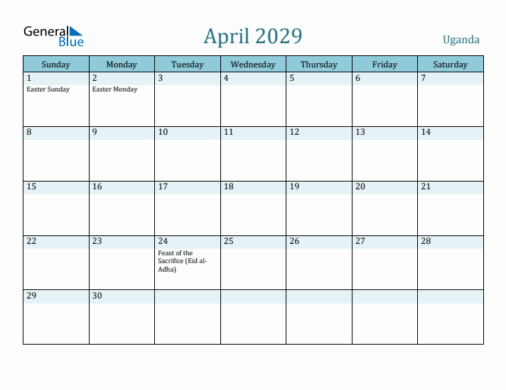 April 2029 Calendar with Holidays