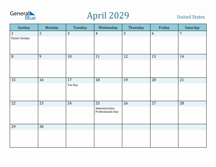 April 2029 Calendar with Holidays