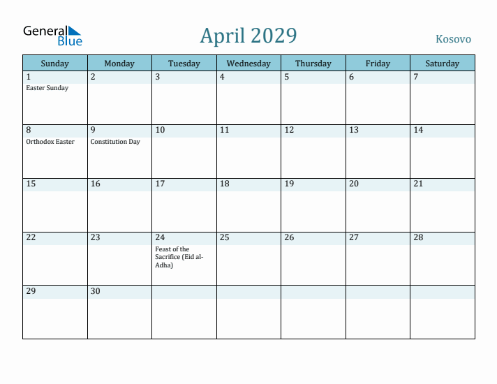 April 2029 Calendar with Holidays