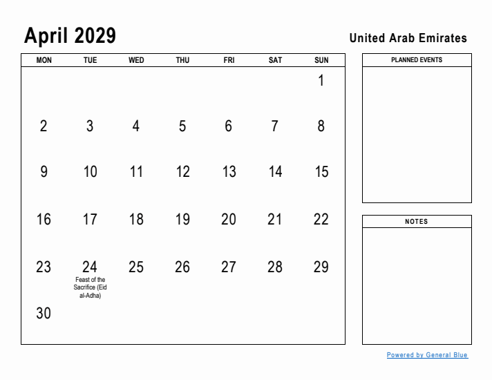 April 2029 Printable Monthly Calendar with United Arab Emirates Holidays