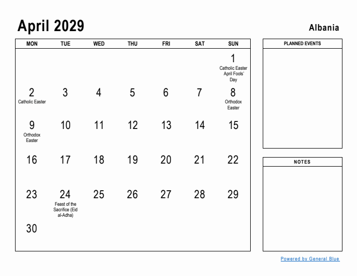 April 2029 Printable Monthly Calendar with Albania Holidays