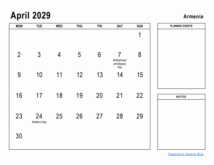 April 2029 Printable Monthly Calendar with Armenia Holidays