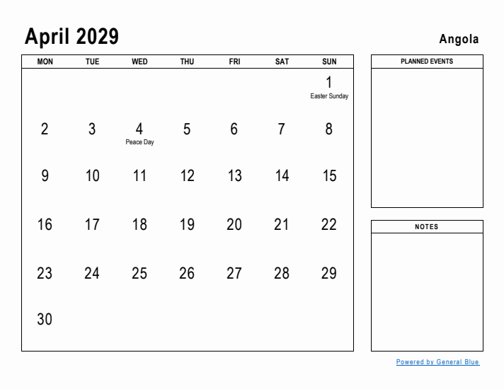 April 2029 Printable Monthly Calendar with Angola Holidays