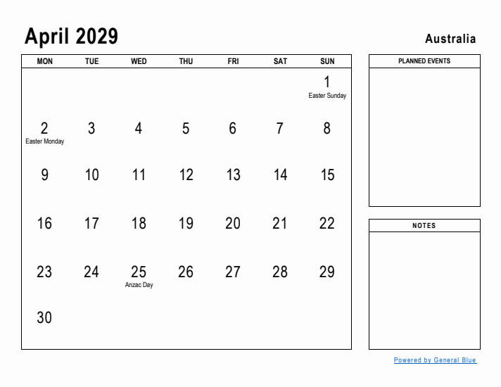 April 2029 Printable Monthly Calendar with Australia Holidays