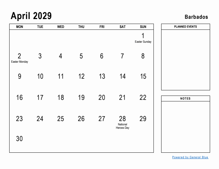 April 2029 Printable Monthly Calendar with Barbados Holidays