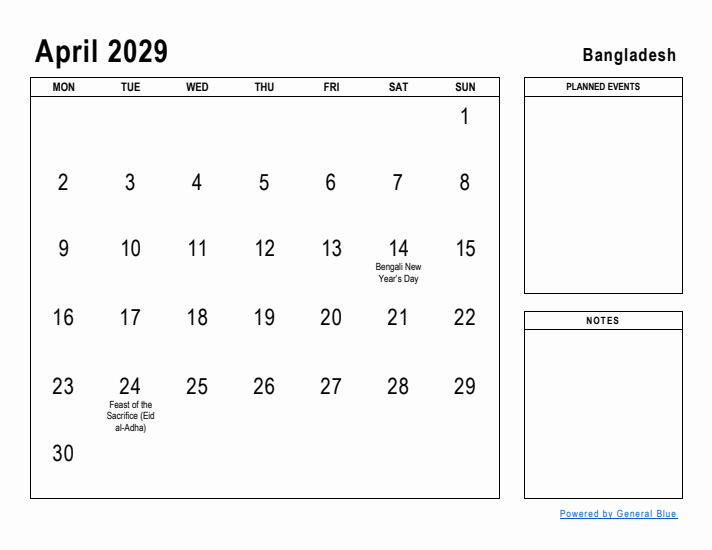 April 2029 Printable Monthly Calendar with Bangladesh Holidays