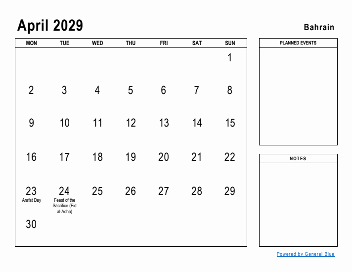 April 2029 Printable Monthly Calendar with Bahrain Holidays