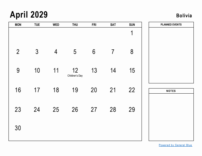 April 2029 Printable Monthly Calendar with Bolivia Holidays