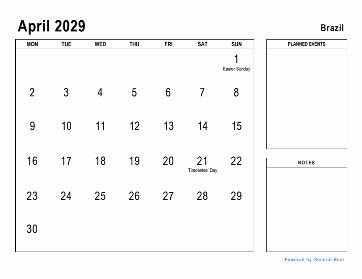 April 2029 Printable Monthly Calendar with Brazil Holidays