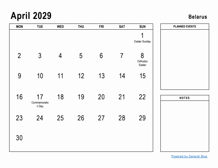 April 2029 Printable Monthly Calendar with Belarus Holidays