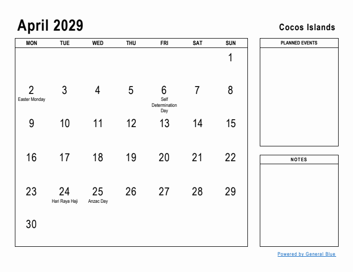 April 2029 Printable Monthly Calendar with Cocos Islands Holidays