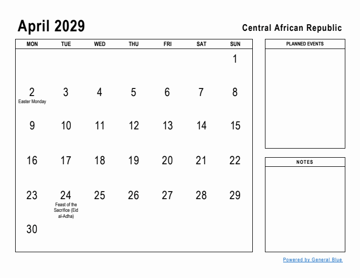 April 2029 Printable Monthly Calendar with Central African Republic Holidays