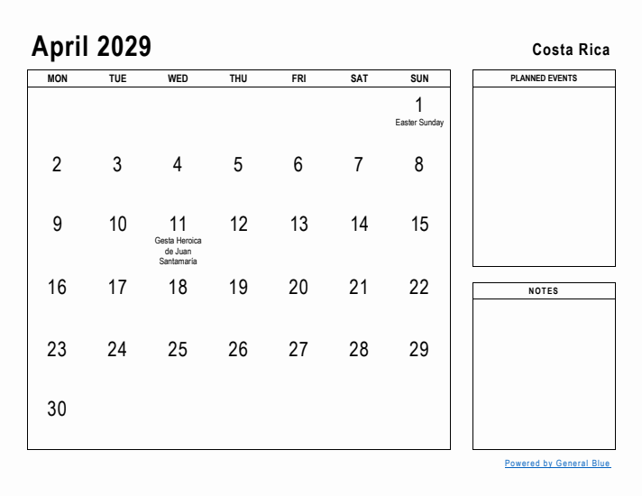 April 2029 Printable Monthly Calendar with Costa Rica Holidays