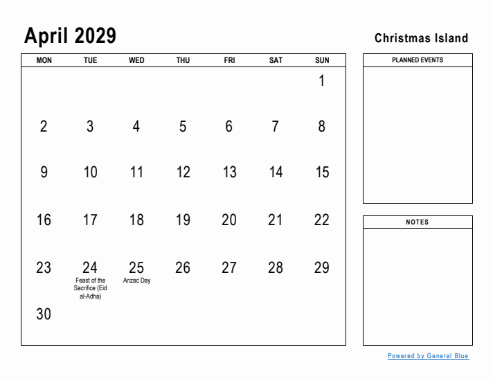 April 2029 Printable Monthly Calendar with Christmas Island Holidays