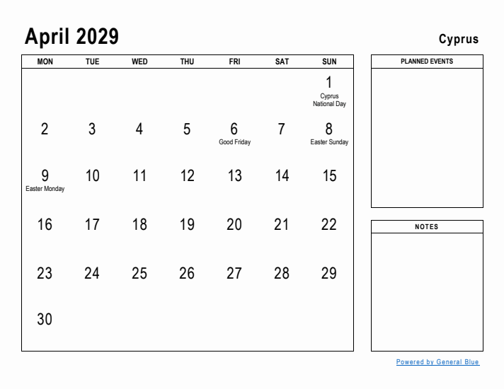 April 2029 Printable Monthly Calendar with Cyprus Holidays