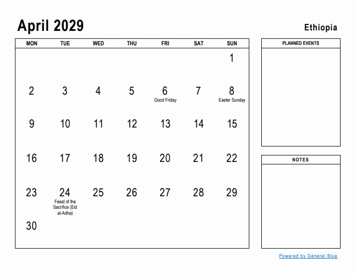 April 2029 Printable Monthly Calendar with Ethiopia Holidays