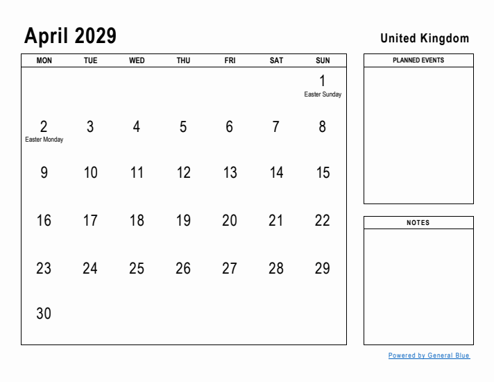 April 2029 Printable Monthly Calendar with United Kingdom Holidays